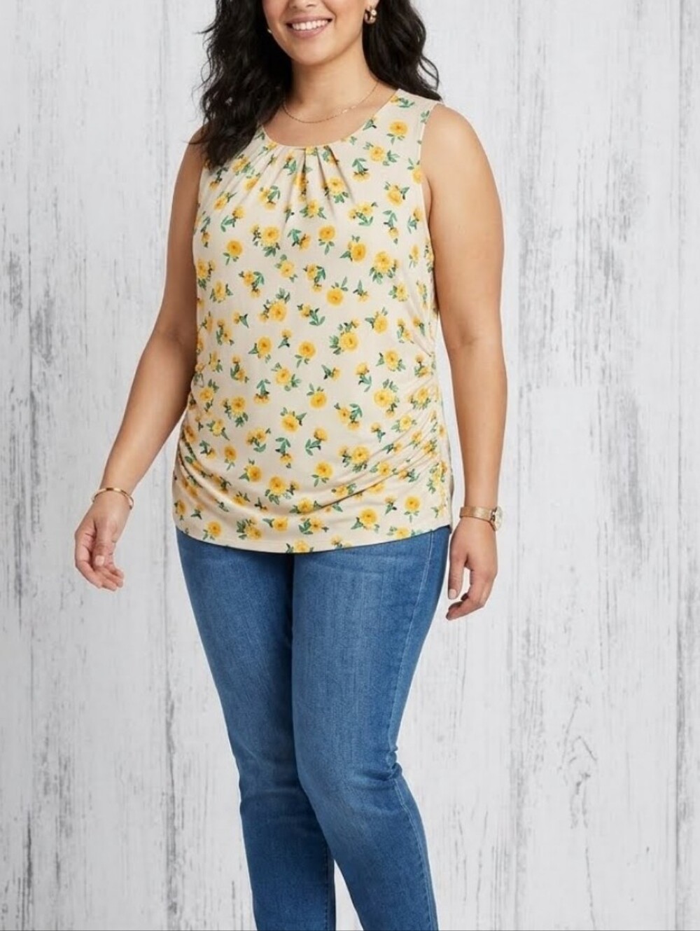 7th Avenue Design Studio Sleeveless Floral Print Pleated Neck Drapey Top Blouse